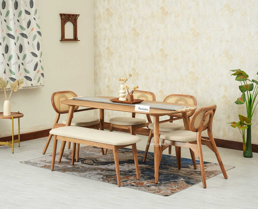 Antilia Wooden Six Seater Dining set with Four Chairs and Bench with Cushion Natural Finish