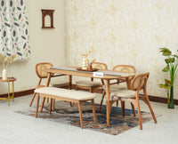 Antilia Wooden Six Seater Dining set with Four Chairs and Bench with Cushion Natural Finish