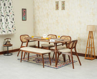 Antilia Wooden Six Seater Dining set with Four Chairs and Bench with Cushion Teak Finish