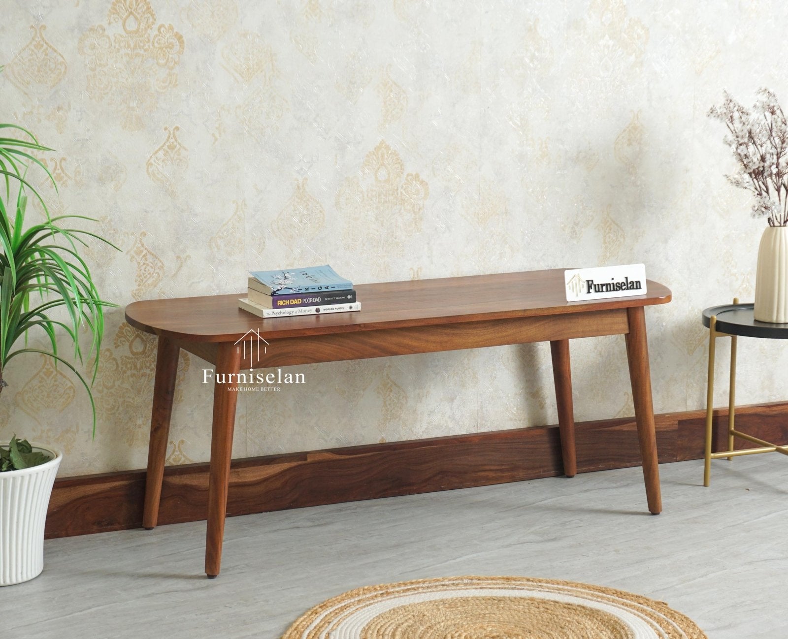Antilia Wooden Three Seater Dining Bench Furniselan Teak Finish