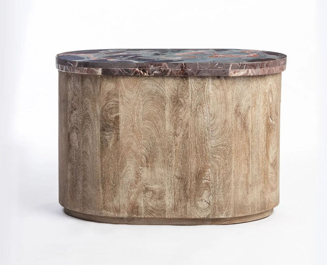 Asher Mango Wood Coffee Table with Red Marble - Natural Brown