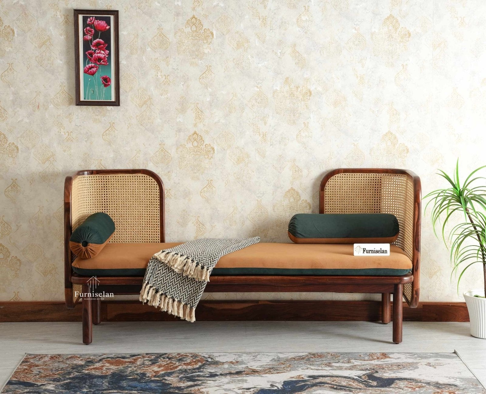 Aurum Sheesham Wood Cane Daybed Three Seater Sofa for Living Room with Cushion Seating Furniselan Brown Finish