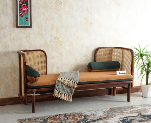 Aurum Sheesham Wood Cane Daybed Three Seater Sofa for Living Room with Cushion Seating