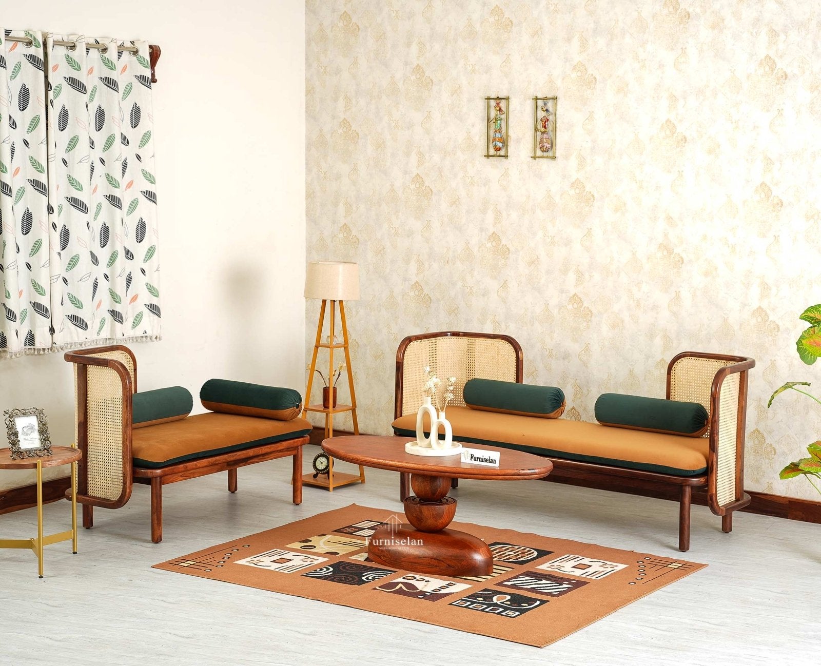 Aurum Sheesham Wood Cane Five Seater Sofa Set for Living Room with Cushion Seating 3+2 Furniselan Brown Finish