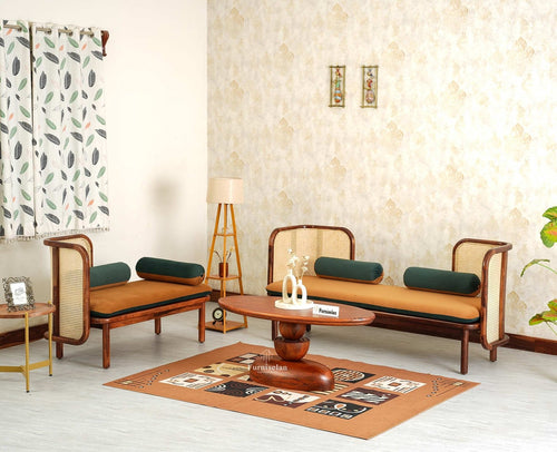 Aurum Sheesham Wood Cane Five Seater Sofa Set for Living Room with Cushion Seating 3+2 Furniselan Brown Finish