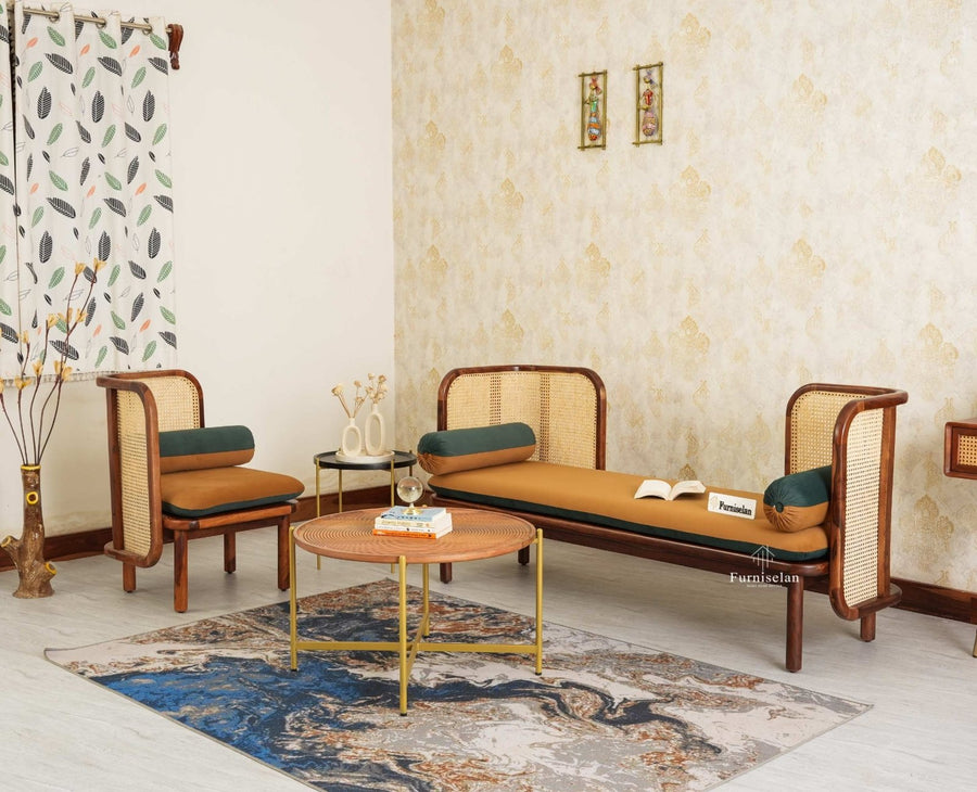 Aurum Sheesham Wood Cane Four Seater Sofa Set for Living Room with Cushion Seating 3+1 Furniselan Brown Finish