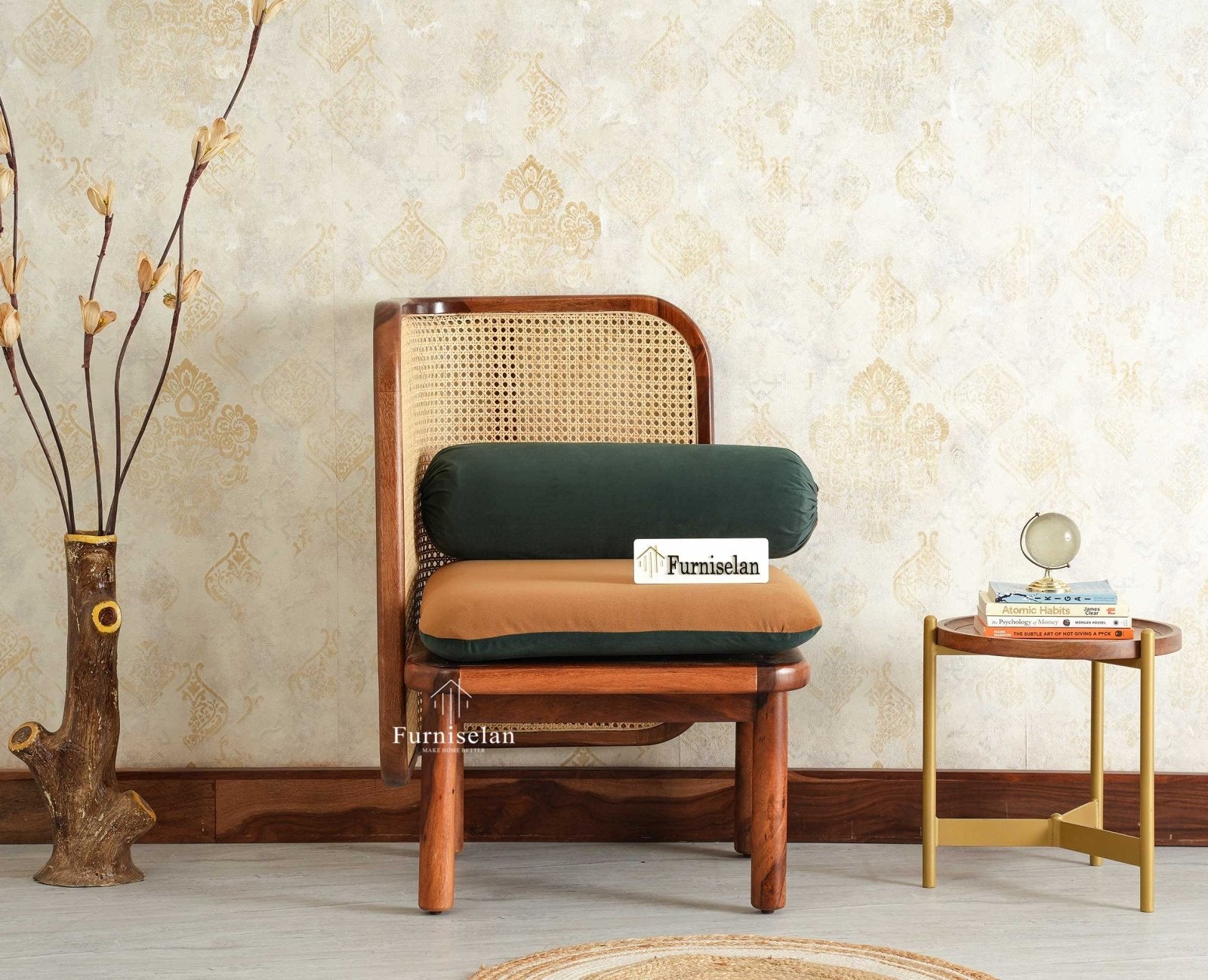 Aurum Sheesham Wood Cane One Seater Sofa for Living Room with Cushion Seating Furniselan Brown Finish