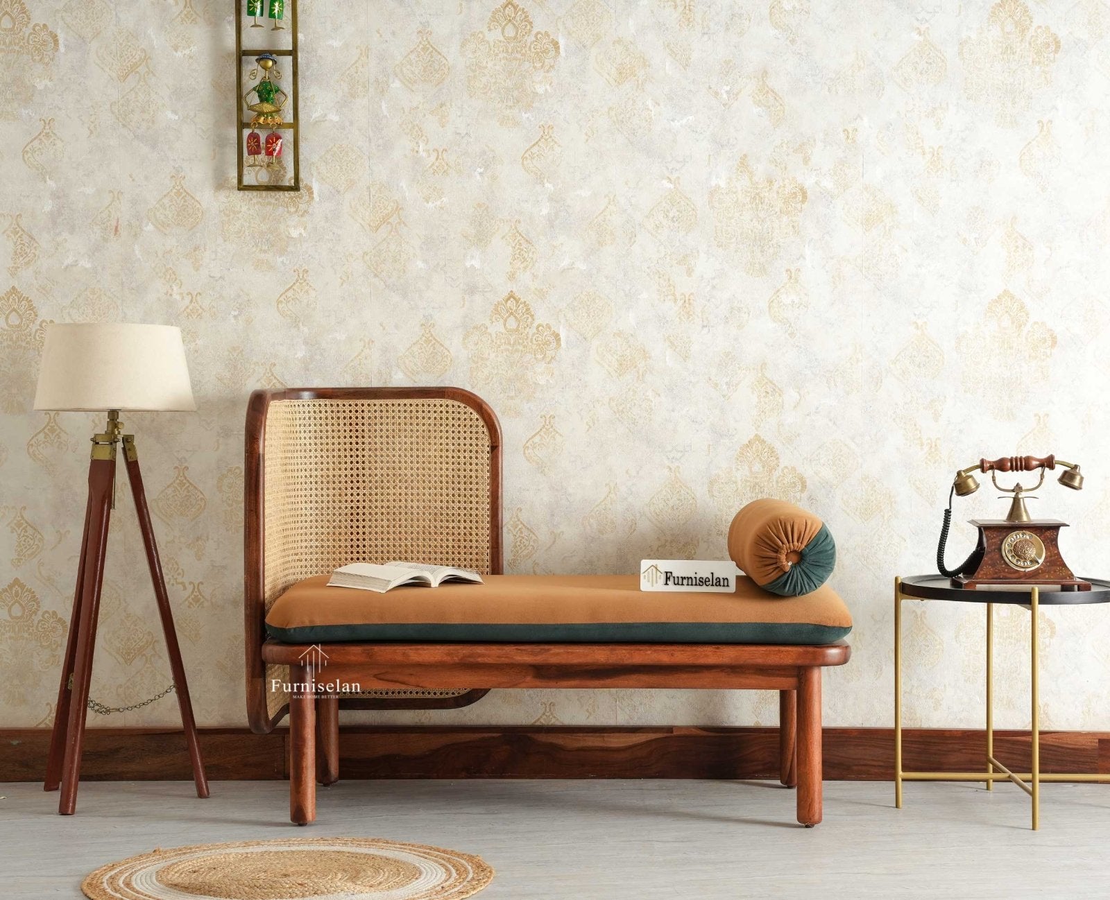 Aurum Sheesham Wood Cane Two Seater Sofa for Living Room with Cushion Seating Furniselan Brown Finish
