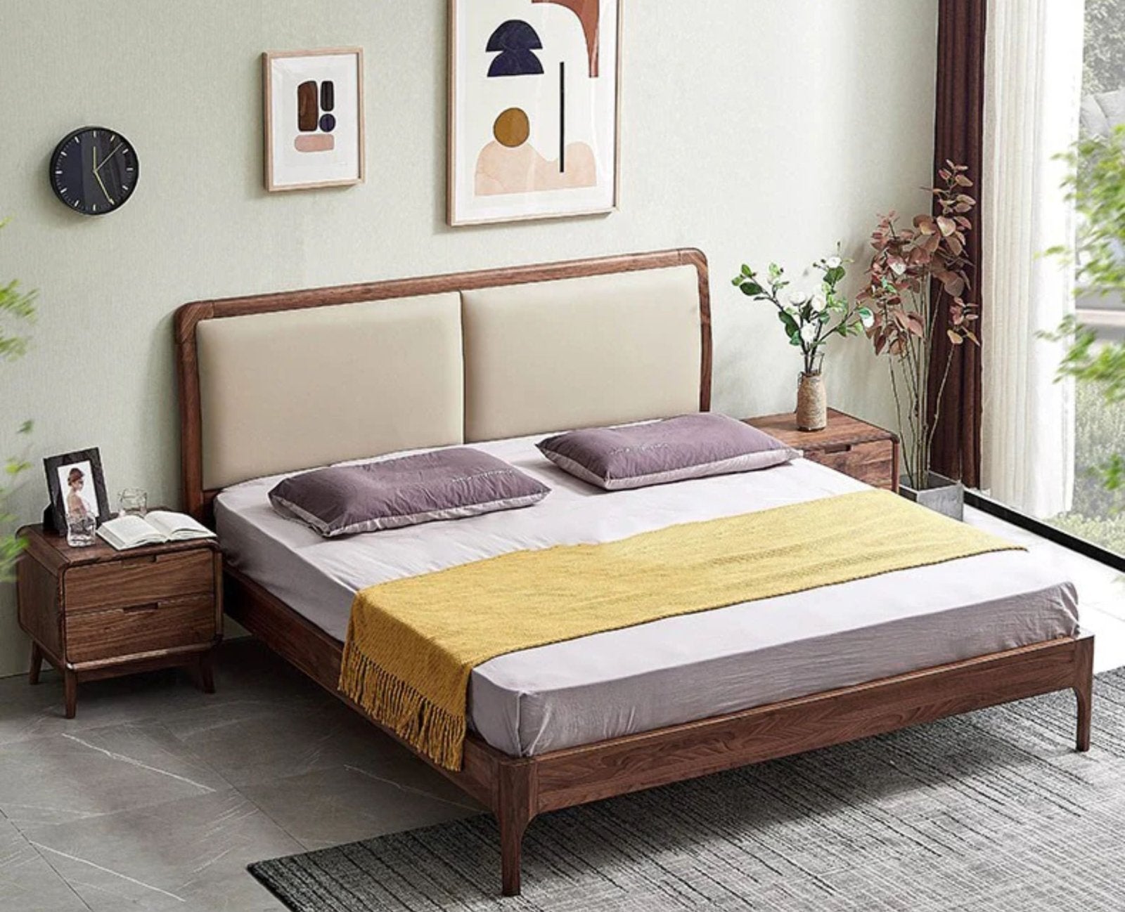 Bali Luxury Wooden Queen Bed with Upholstered Headboard Furniselan Teak Finish
