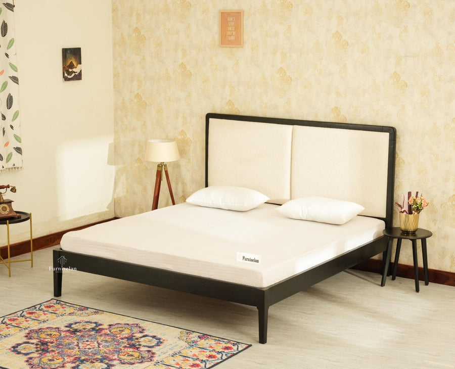 Bali Luxury Wooden Queen Bed with Upholstered Headboard Black Finish