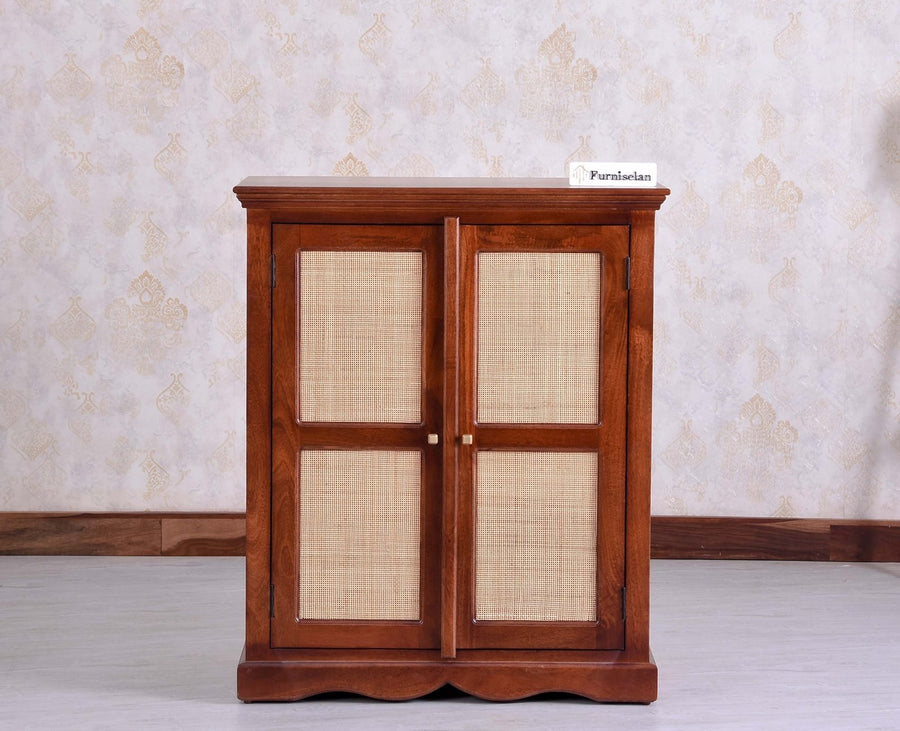 Bandra Solid Wood Rattan Bar Cabinet - Furniselan Brown Finish