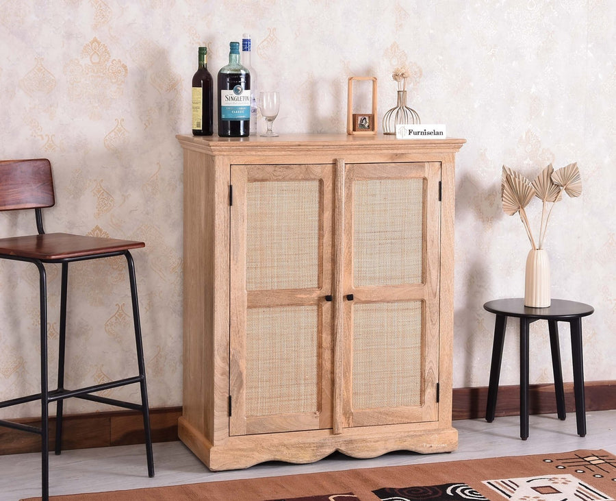 Bandra Solid Wood Rattan Bar Cabinet - Furniselan Natural Finish