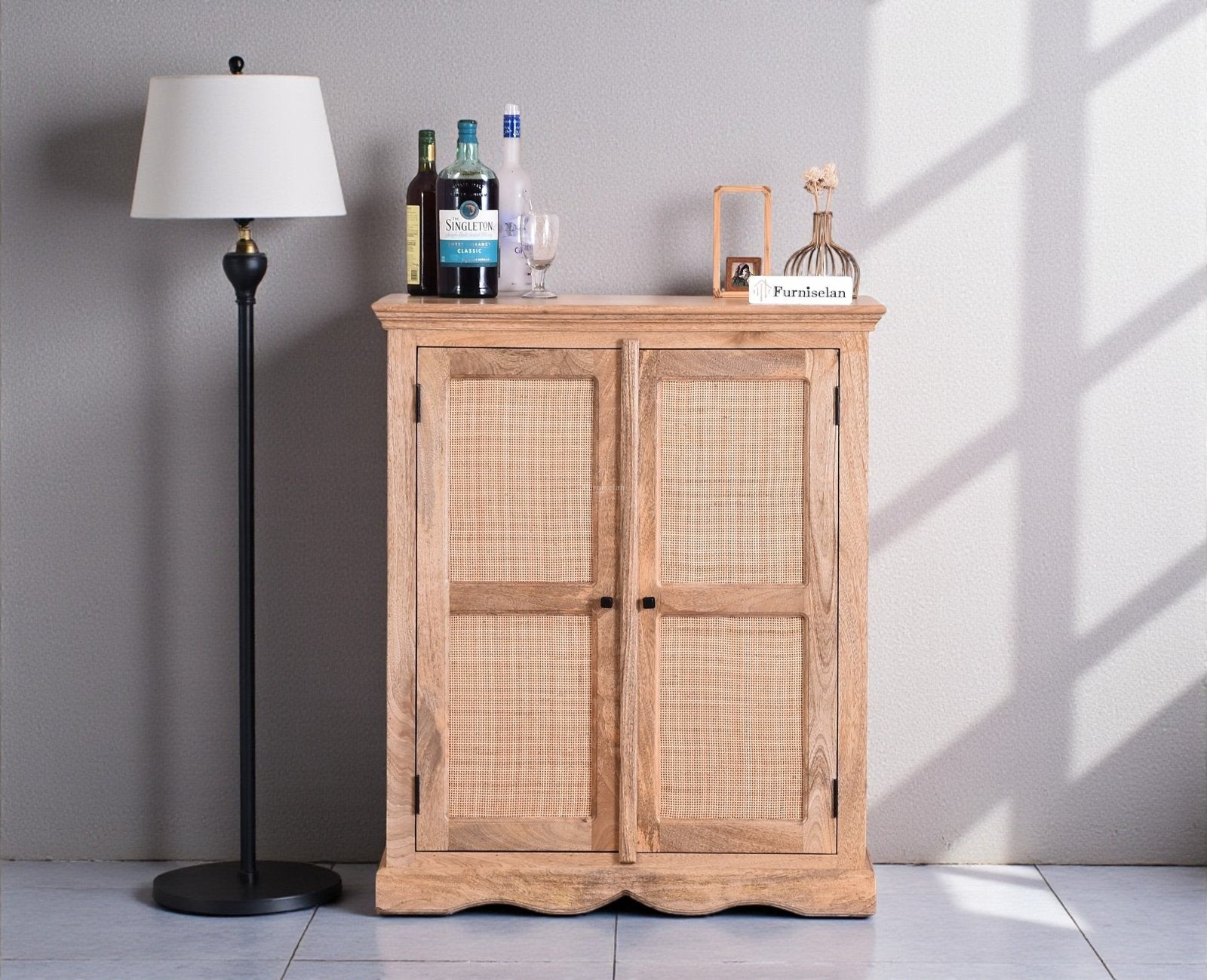 Bandra Solid Wood Rattan Bar Cabinet - Furniselan Natural Finish