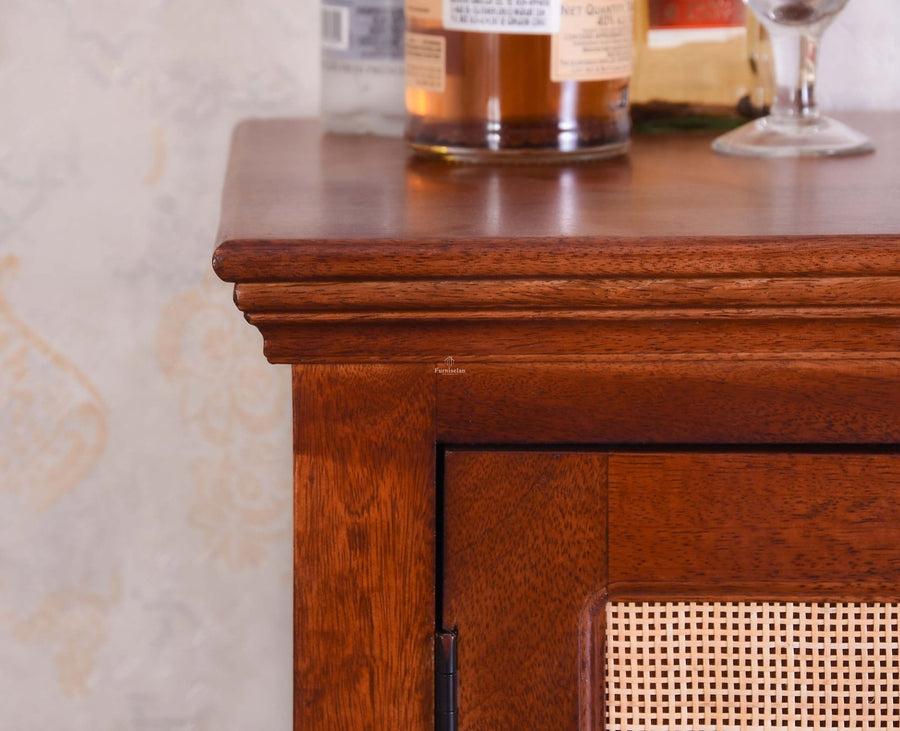 Bandra Solid Wood Rattan Bar Cabinet - Furniselan Brown Finish