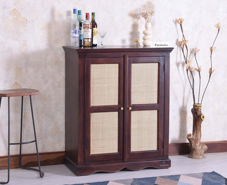 Bandra Solid Wood Rattan Bar Cabinet - Furniselan Grey Finish