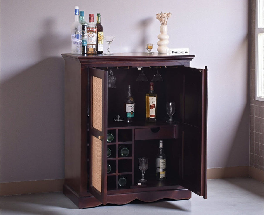 Bandra Solid Wood Rattan Bar Cabinet - Furniselan Grey Finish