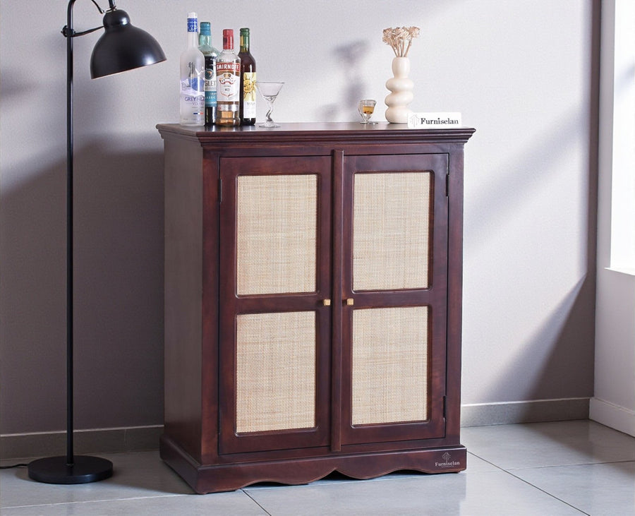 Bandra Solid Wood Rattan Bar Cabinet - Furniselan Grey Finish