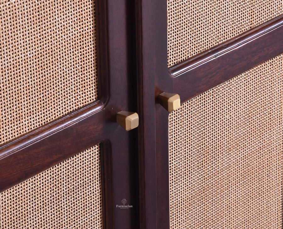 Bandra Solid Wood Rattan Bar Cabinet - Furniselan Grey Finish