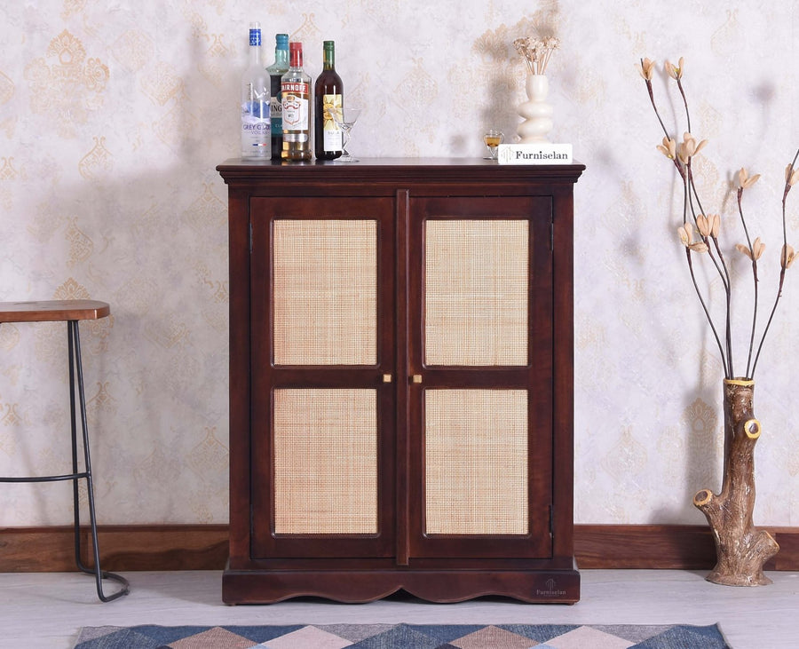 Bandra Solid Wood Rattan Bar Cabinet - Furniselan Grey Finish