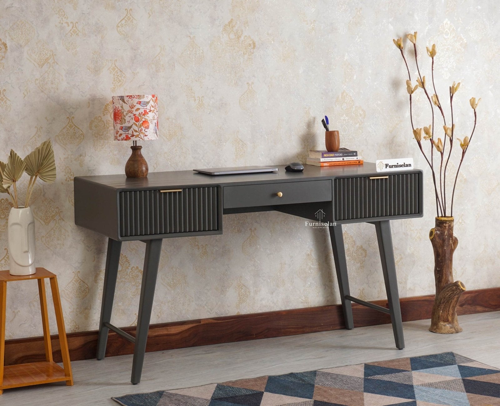 Bengaluru Solid Wood 3 Drawer Study Laptop Table - Console Table - Furniselan - Slate-Grey