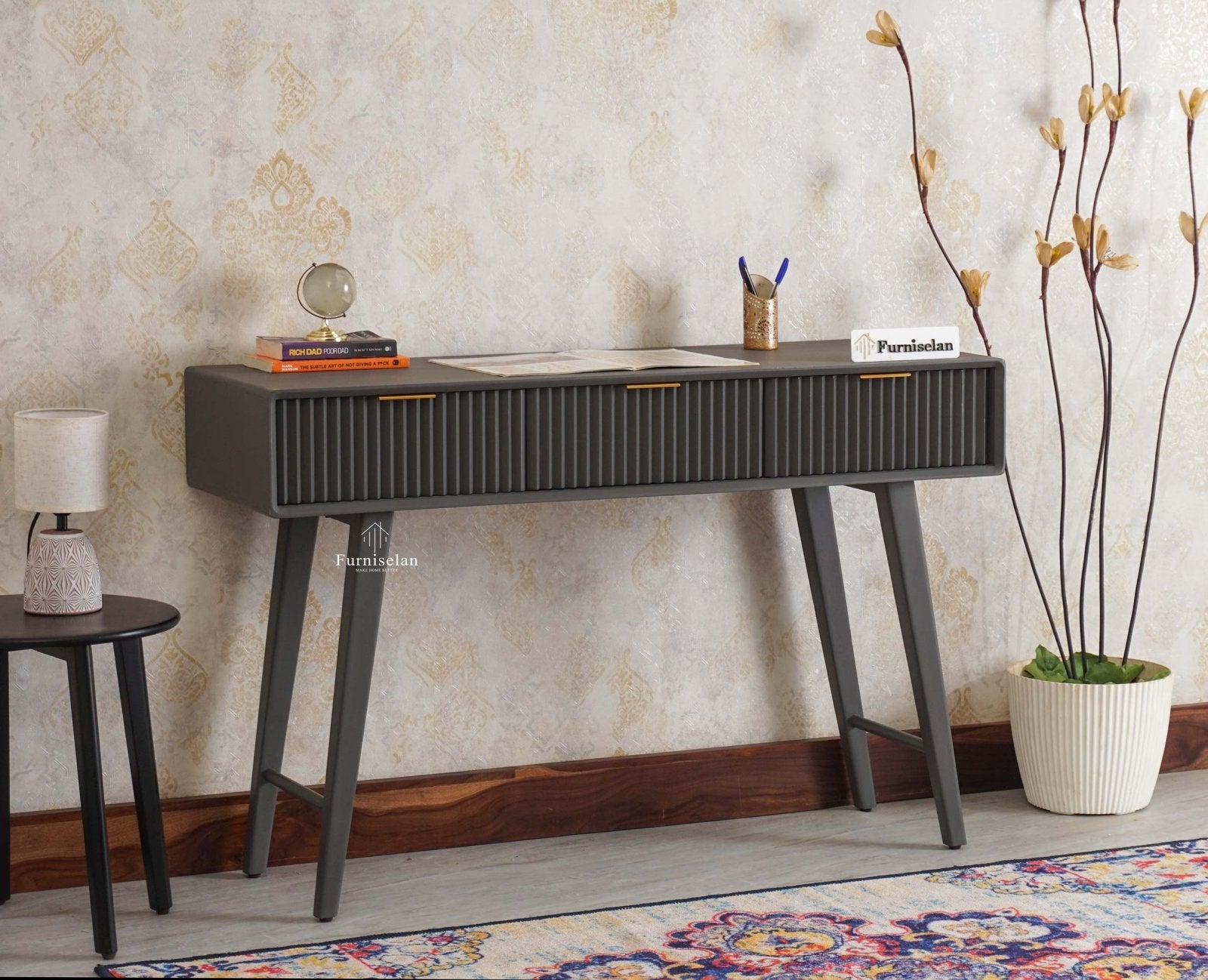 Bengaluru Solid Wood 3 Drawer Study Laptop Table - Console Table - Furniselan Slate-Grey