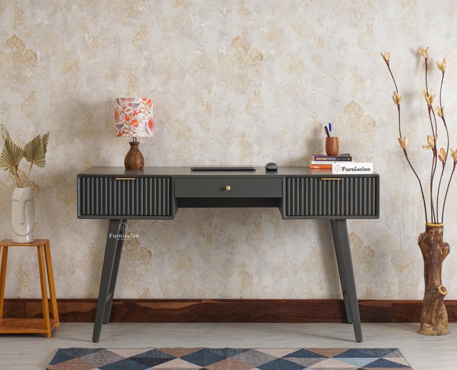 Bengaluru Solid Wood 3 Drawer Study Laptop Table - Console Table - Furniselan - Slate-Grey