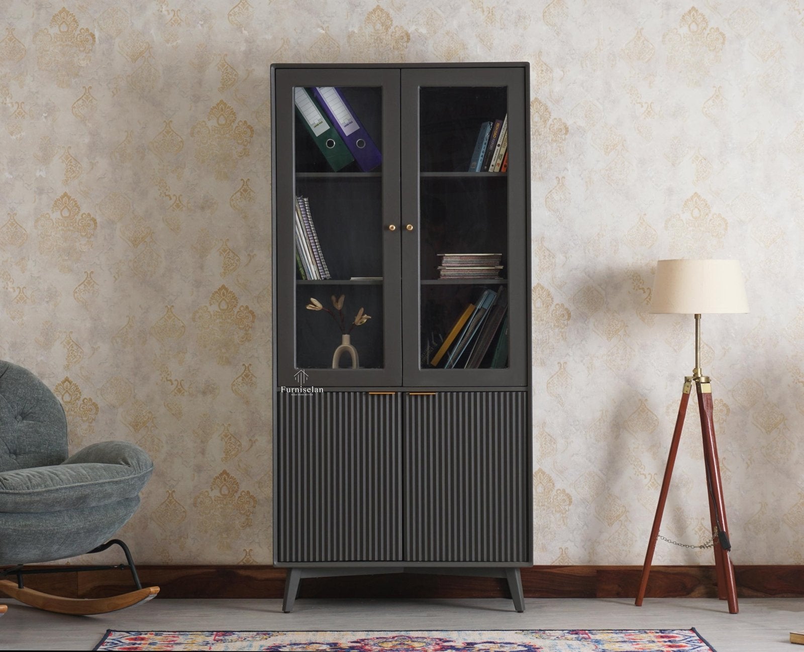 Bengaluru Solid Wood Bookshelf Cabinet four Doors - Bookshelf - Furniselan Slate-Grey