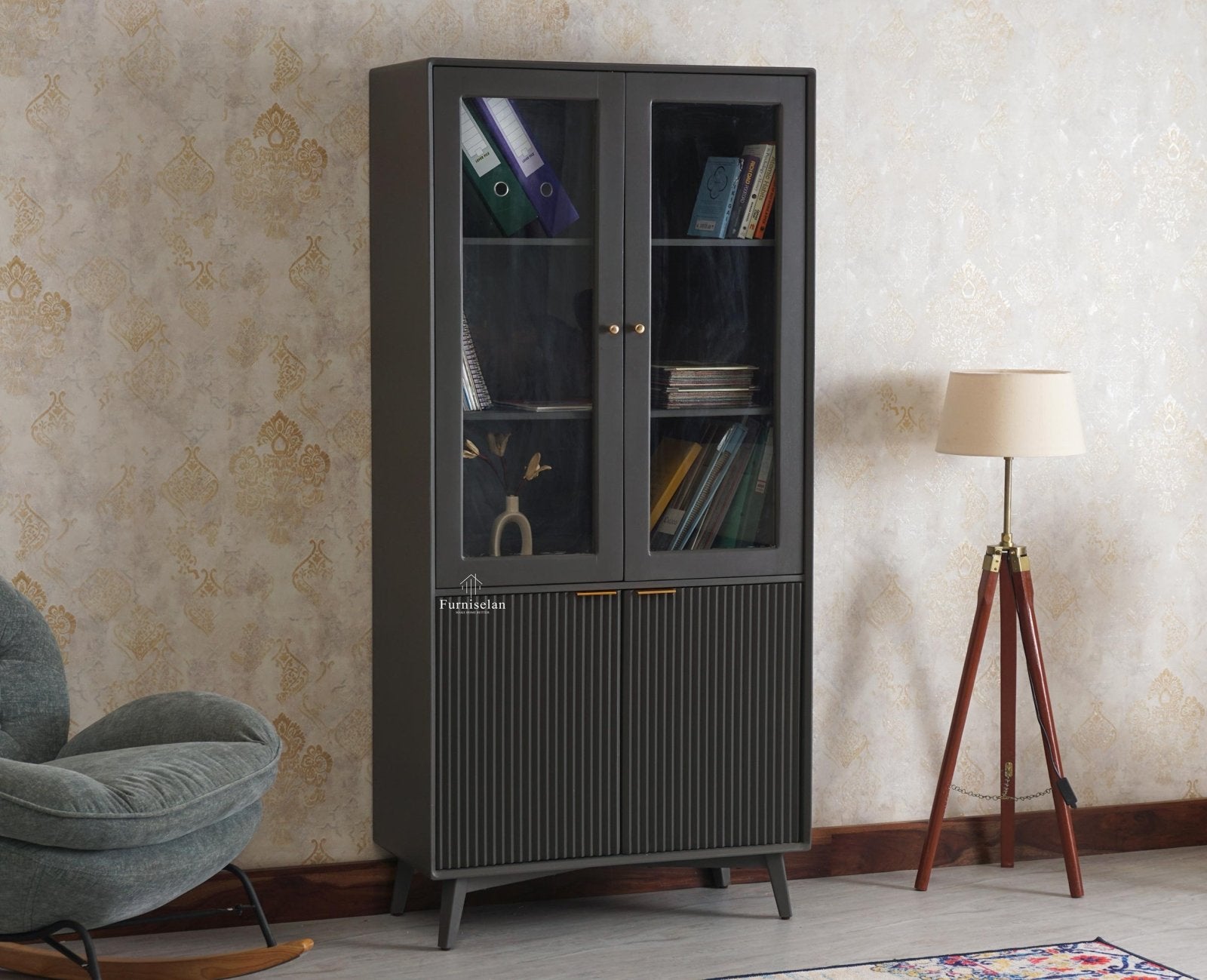 Bengaluru Solid Wood Bookshelf Cabinet four Doors - Bookshelf - Furniselan Slate-Grey