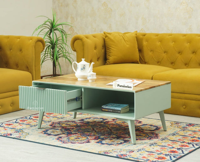 Bengaluru Solid Wood Coffee Table One Drawer Furniselan Silt Green