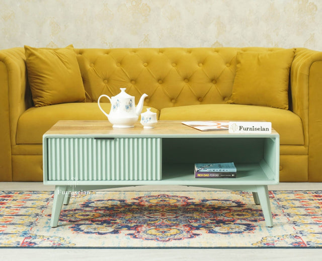Bengaluru Solid Wood Coffee Table One Drawer Furniselan Silt Green