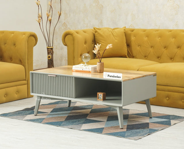 Bengaluru Solid Wood Coffee Table One Drawer Furniselan Cool Grey
