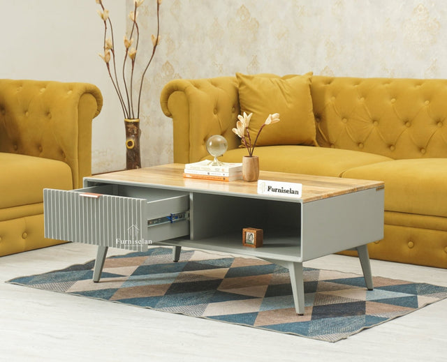 Bengaluru Solid Wood Coffee Table One Drawer Furniselan Cool Grey