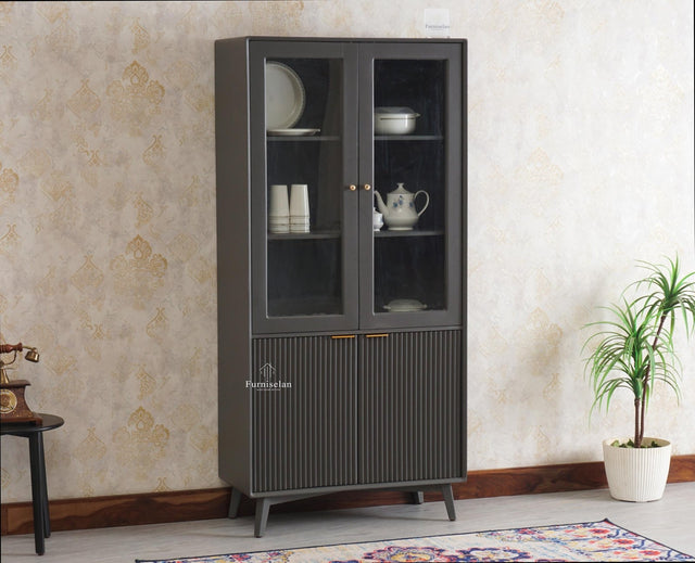 Bengaluru Solid Wood Crockery Cabinet four Doors - Tv Cabinet - Furniselan Slate-Grey