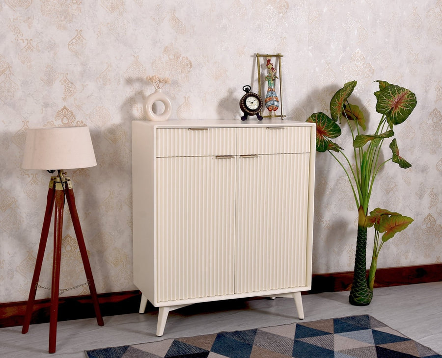 Bengaluru Solid Wood Shoe Rack Cabinet Two Doors and Drawers - Sideboard - Furniselan - Frosty-White