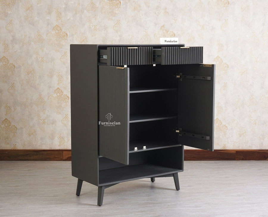 Bengaluru Solid Wood Shoe Rack Cabinet Two Doors and Drawers With Open Storage - Sideboard - Furniselan Slate Grey