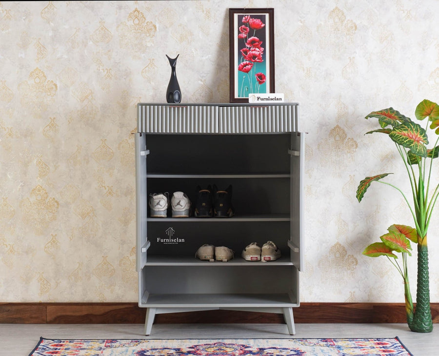 Bengaluru Solid Wood Shoe Rack Cabinet Two Doors and Drawers With Open Storage - Sideboard - Furniselan Cool-Grey