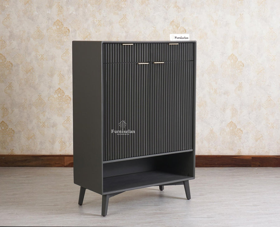 Bengaluru Solid Wood Shoe Rack Cabinet Two Doors and Drawers With Open Storage - Sideboard - Furniselan Slate Grey