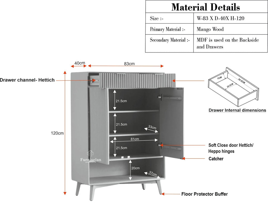 Bengaluru Solid Wood Shoe Rack Cabinet Two Doors and Drawers With Open Storage - Sideboard - Furniselan Cool-Grey