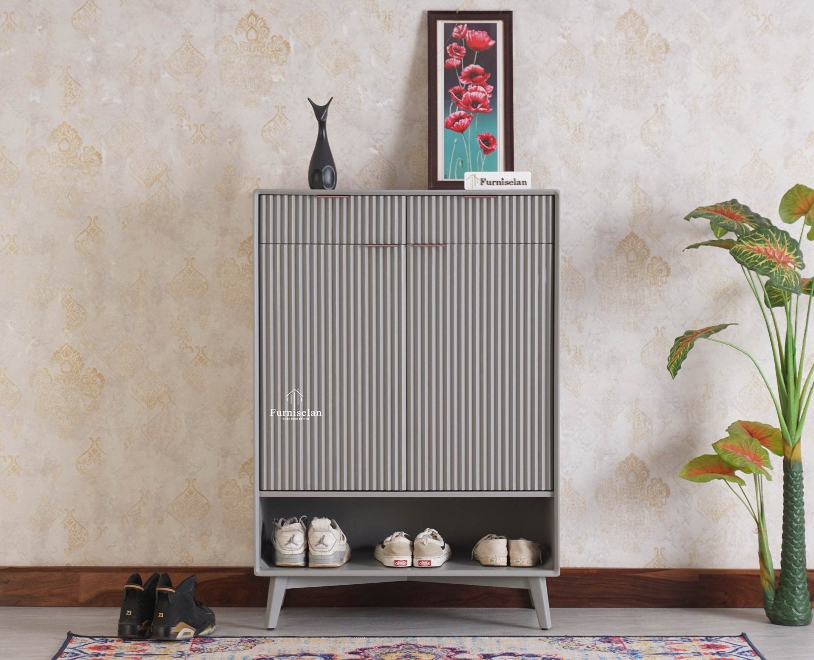 Bengaluru Solid Wood Shoe Rack Cabinet Two Doors and Drawers With Open Storage - Sideboard - Furniselan Cool-Grey