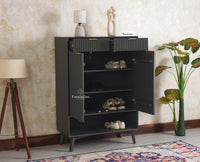 Bengaluru Solid Wood Shoe Rack Cabinet Two Doors and Drawers With Open Storage - Sideboard - Furniselan Slate Grey