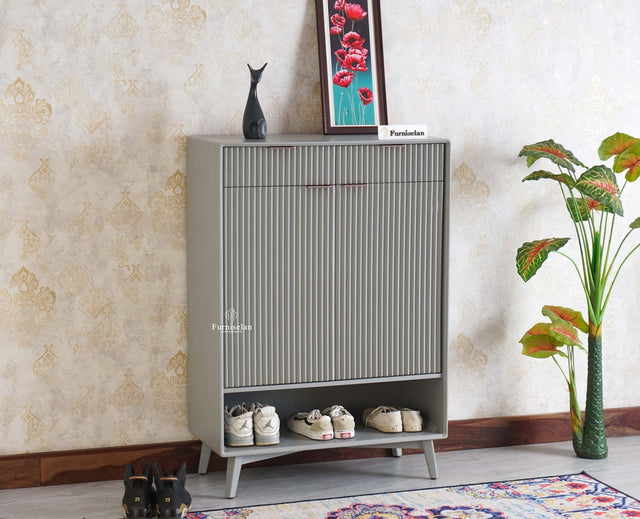 Bengaluru Solid Wood Shoe Rack Cabinet Two Doors and Drawers With Open Storage - Sideboard - Furniselan Cool-Grey