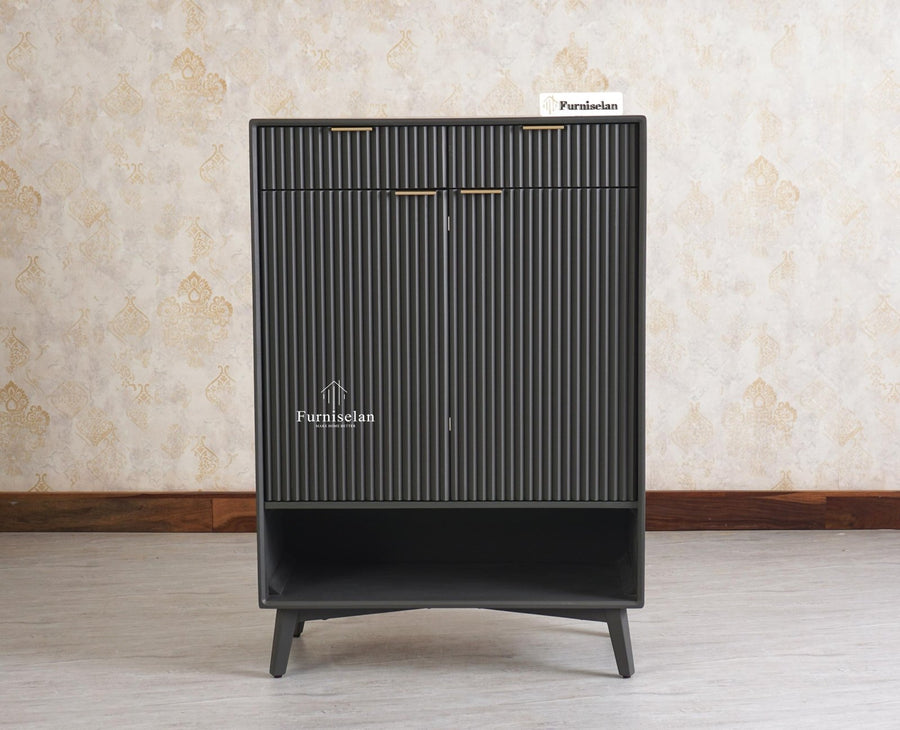 Bengaluru Solid Wood Shoe Rack Cabinet Two Doors and Drawers With Open Storage - Sideboard - Furniselan Slate Grey