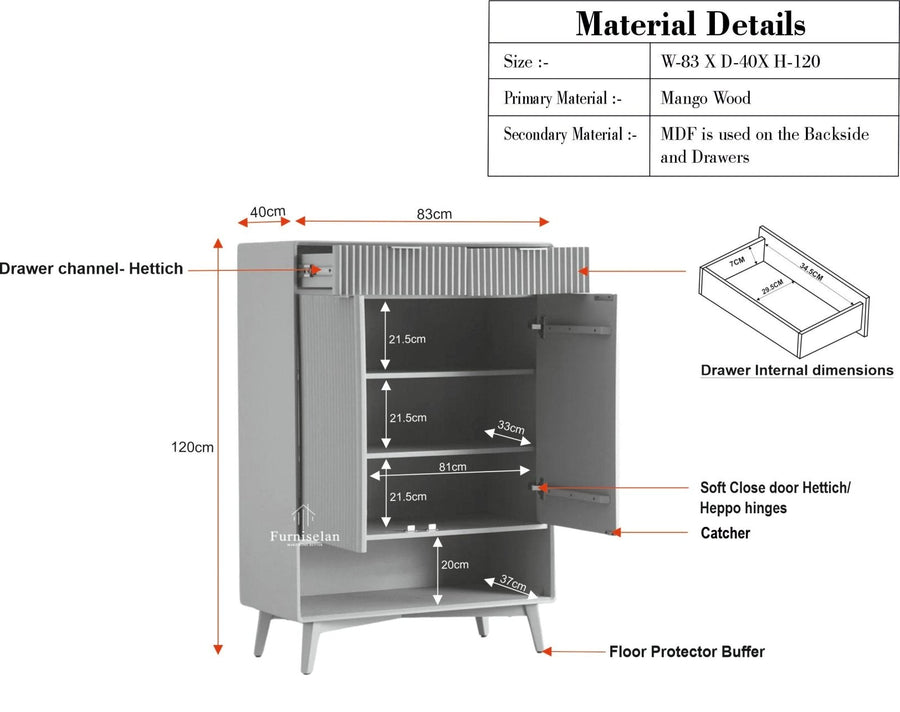Bengaluru Solid Wood Shoe Rack Cabinet Two Doors and Drawers With Open Storage - Sideboard - Furniselan Slate Grey