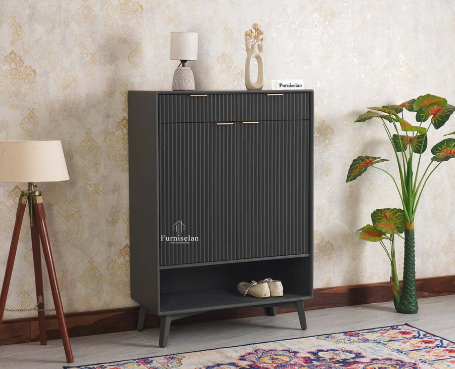 Bengaluru Solid Wood Shoe Rack Cabinet Two Doors and Drawers With Open Storage - Sideboard - Furniselan Slate Grey