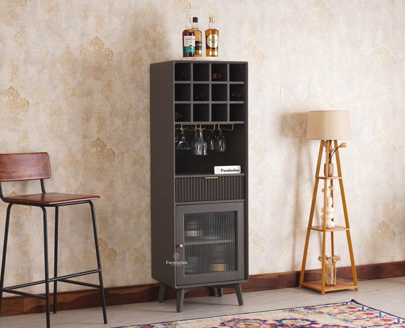 Bengaluru Solid Wood Tall Bar Cabinet - Bar Cabinet - Furniselan Slate-Grey