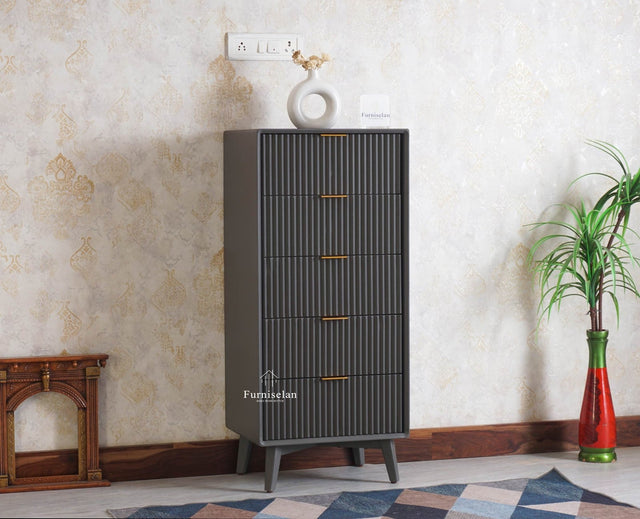Bengaluru Solid Wood Tall Five Drawer Chest of Drawers - Sideboard - Furniselan - Slate Grey