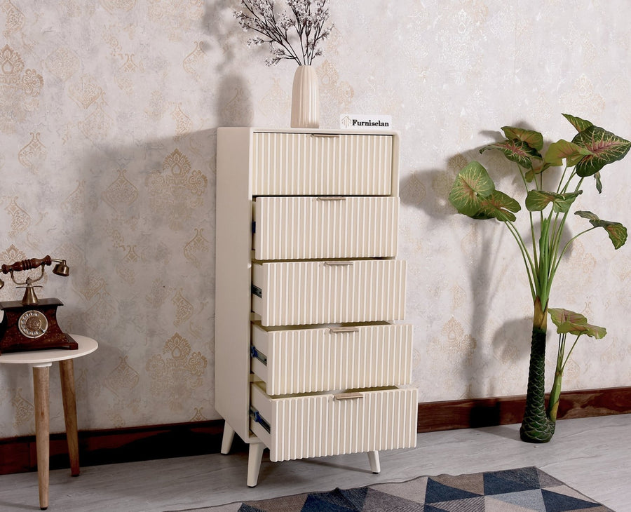 Bengaluru Solid Wood Tall Five Drawer Chest of Drawers - Sideboard - Furniselan - Frosty-White