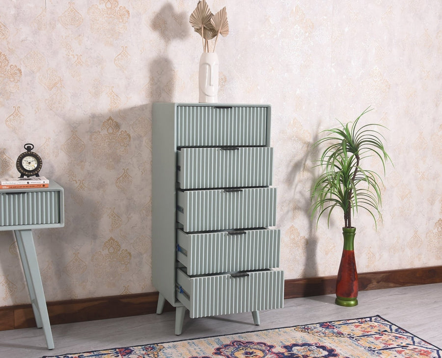 Bengaluru Solid Wood Tall Five Drawer Chest of Drawers - Sideboard - Furniselan - Silt-Green