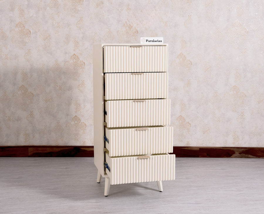 Bengaluru Solid Wood Tall Five Drawer Chest of Drawers - Sideboard - Furniselan - Frosty-White