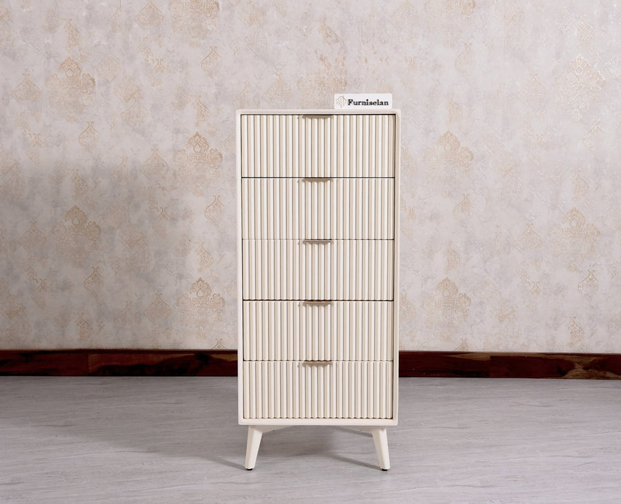 Bengaluru Solid Wood Tall Five Drawer Chest of Drawers - Sideboard - Furniselan - Frosty-White